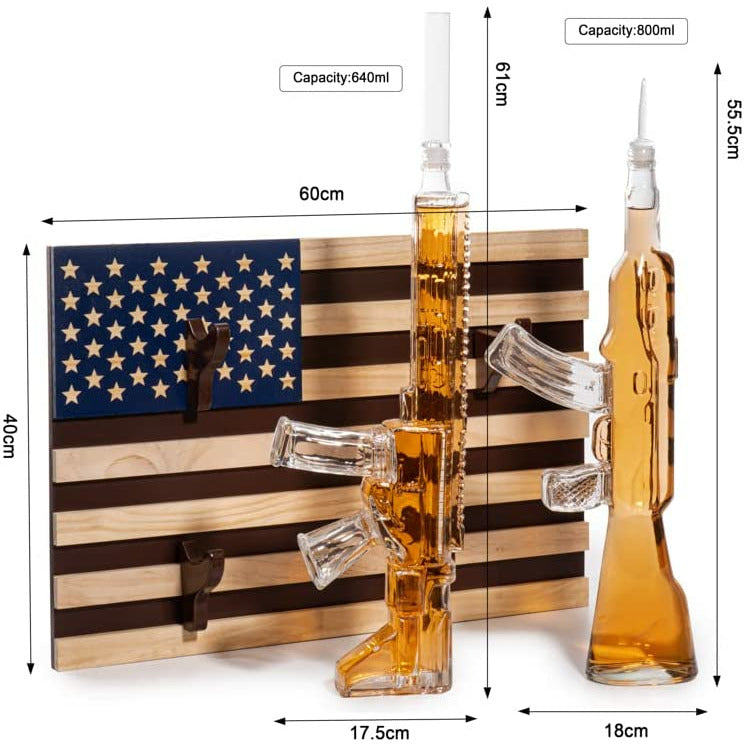 2 Gun Whiskey Decanters Set - AR15 & AK47 with American Flag Wall Rack