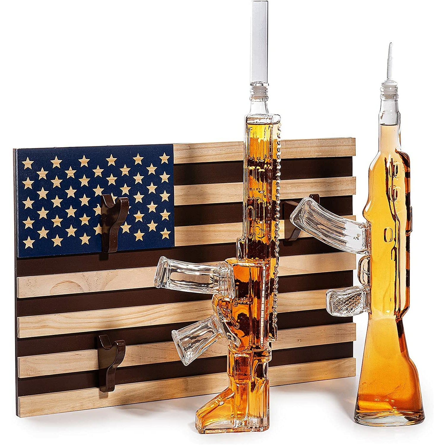 2 Gun Whiskey Decanters Set - AR15 & AK47 with American Flag Wall Rack