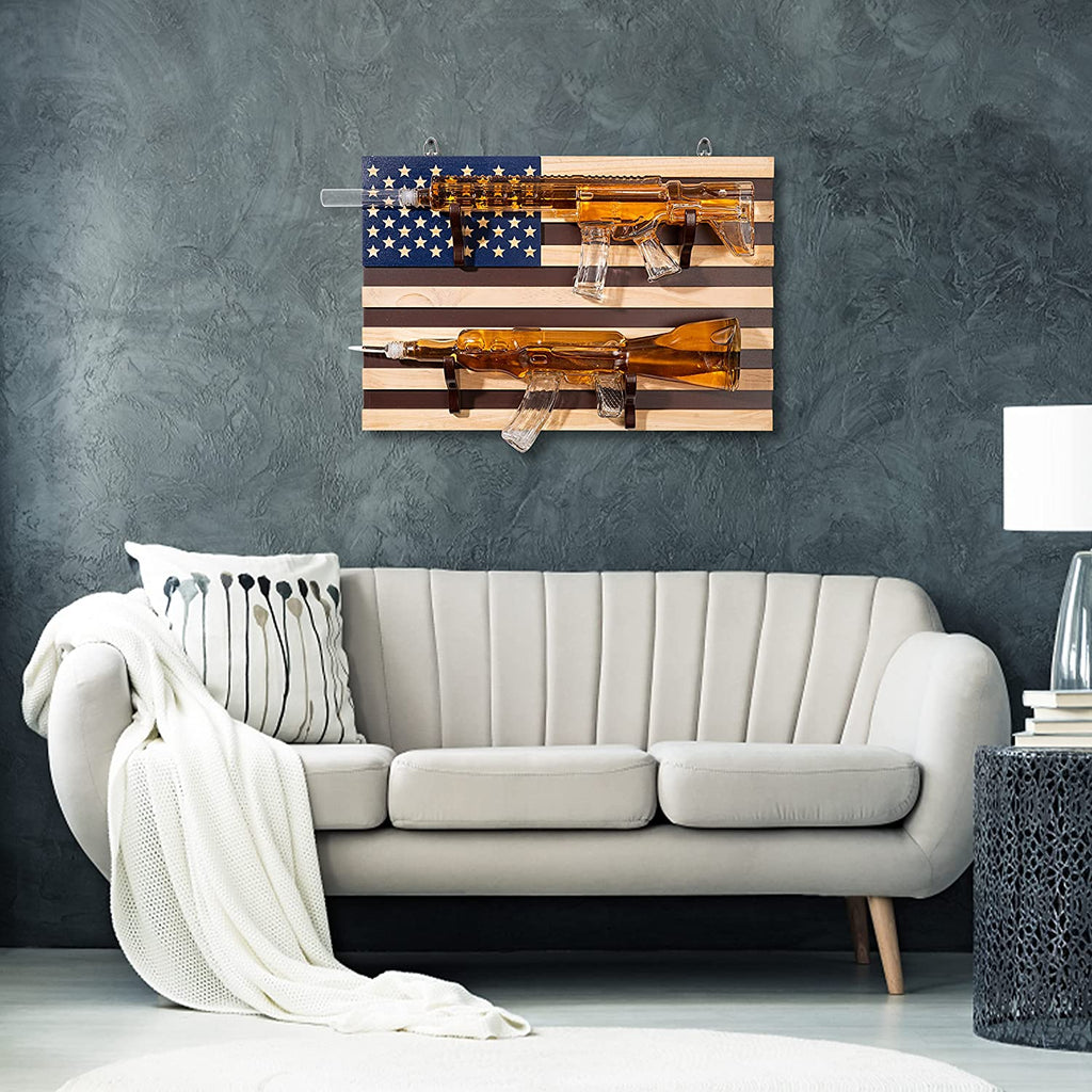 2 Gun Whiskey Decanters Set - AR15 & AK47 with American Flag Wall Rack