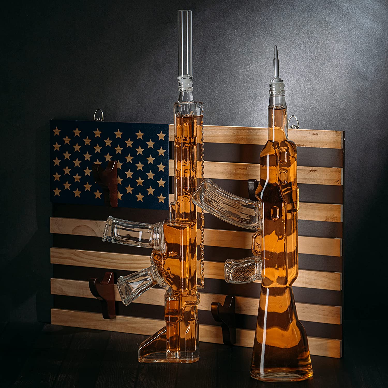 2 Gun Whiskey Decanters Set - AR15 & AK47 with American Flag Wall Rack
