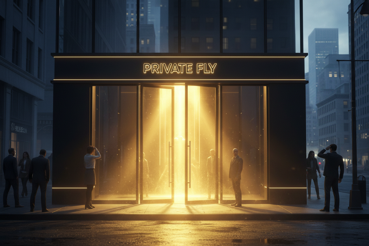 A shop in a city that’s say private fly wit the doors open and a god like glow coming from the doors