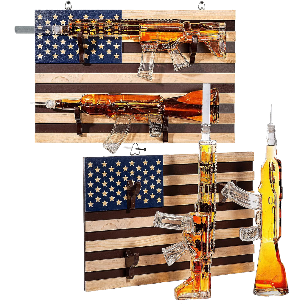 2 Gun Whiskey Decanters Set - AR15 & AK47 with American Flag Wall Rack
