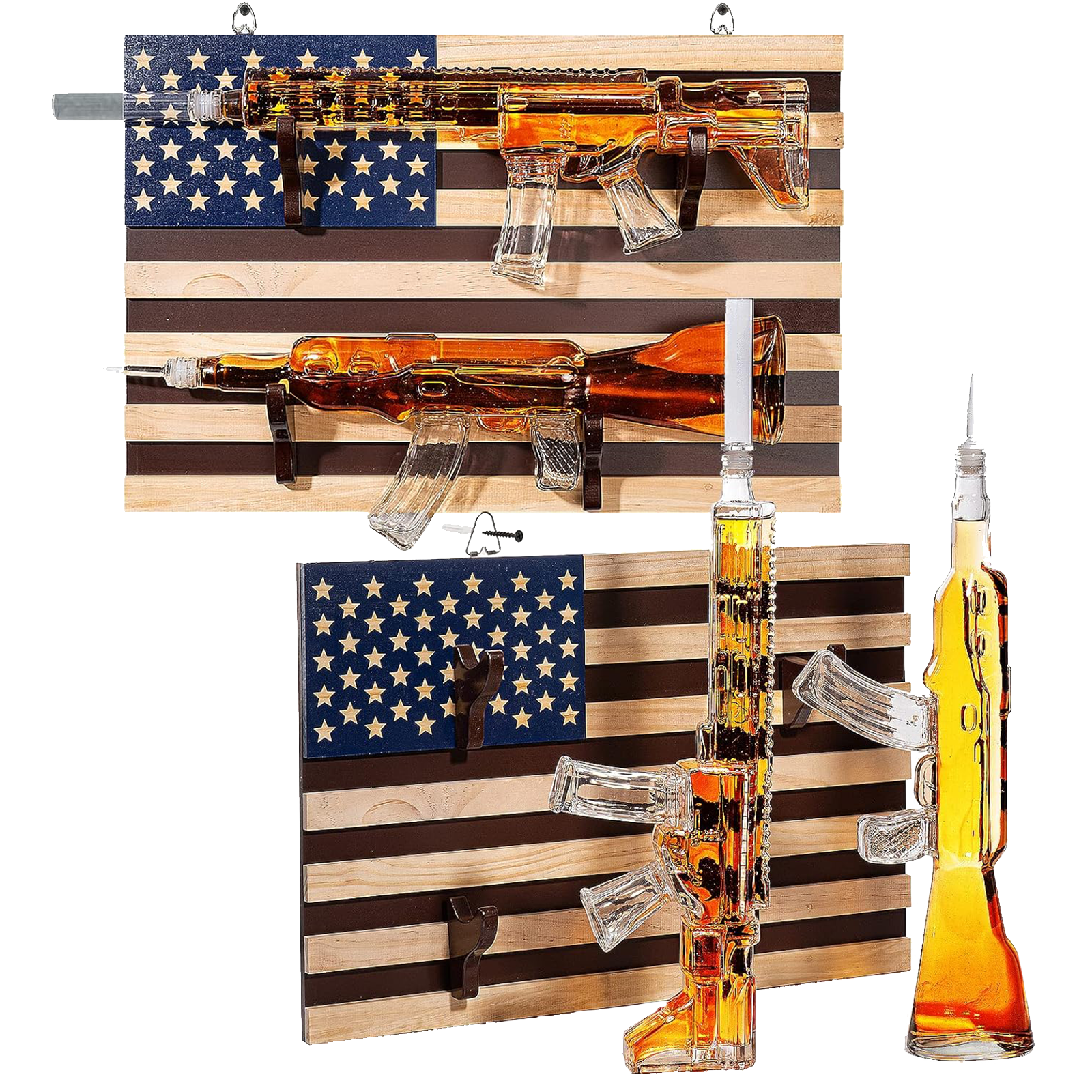 2 Gun Whiskey Decanters Set - AR15 & AK47 with American Flag Wall Rack