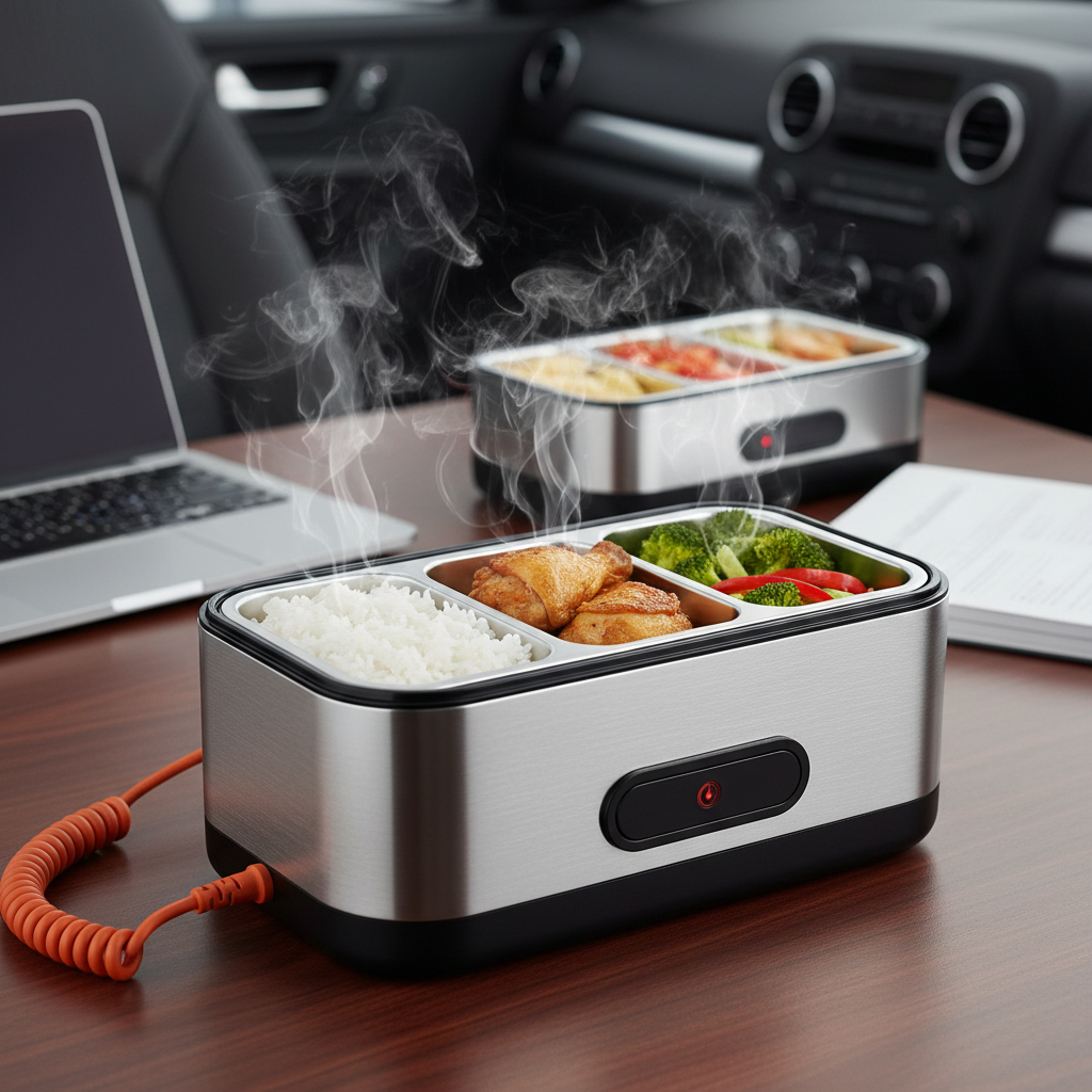 Electric heating lunch box open showing hot steaming food in multiple compartments