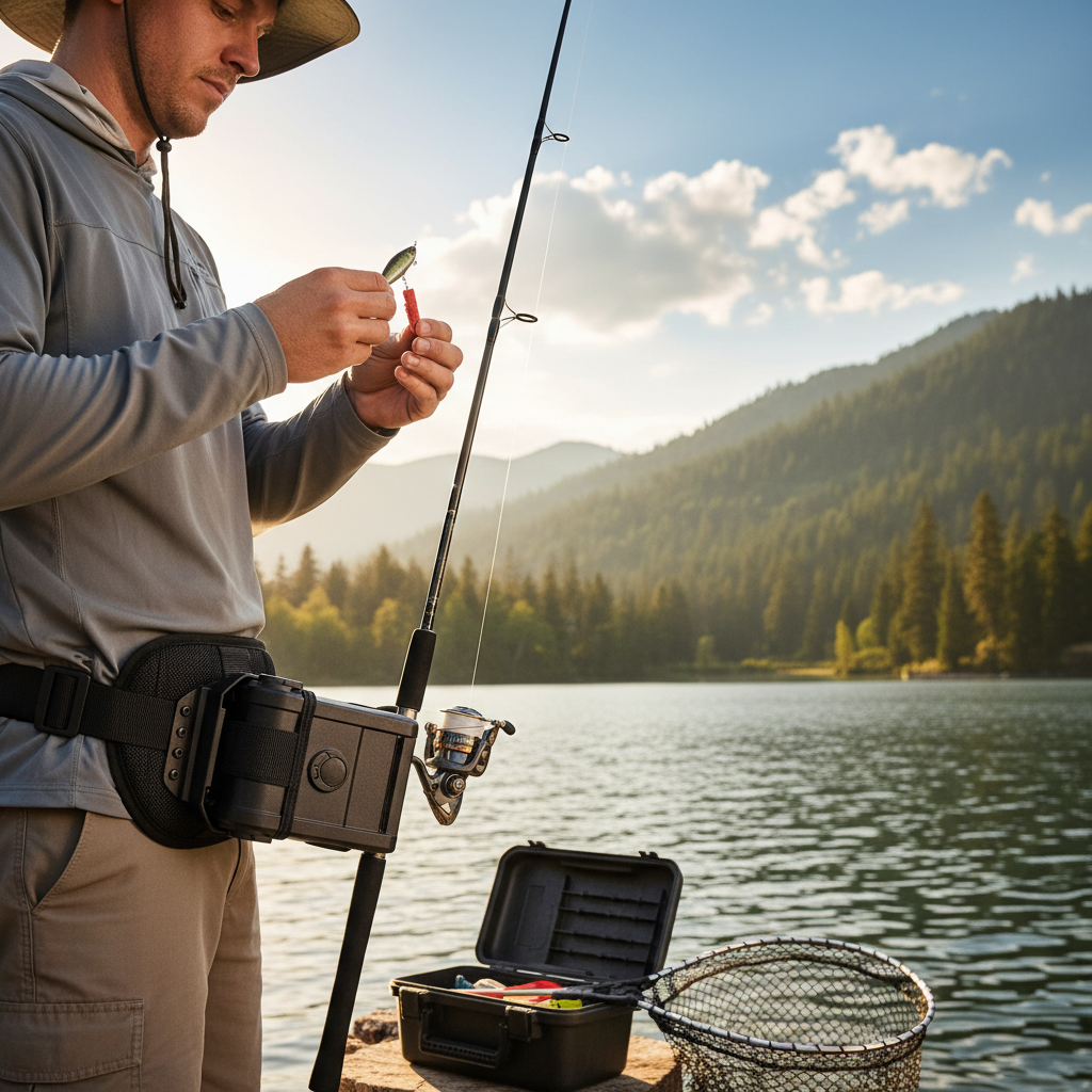 Fishing rod holder belt worn by angler at waterside with hands free for tackle