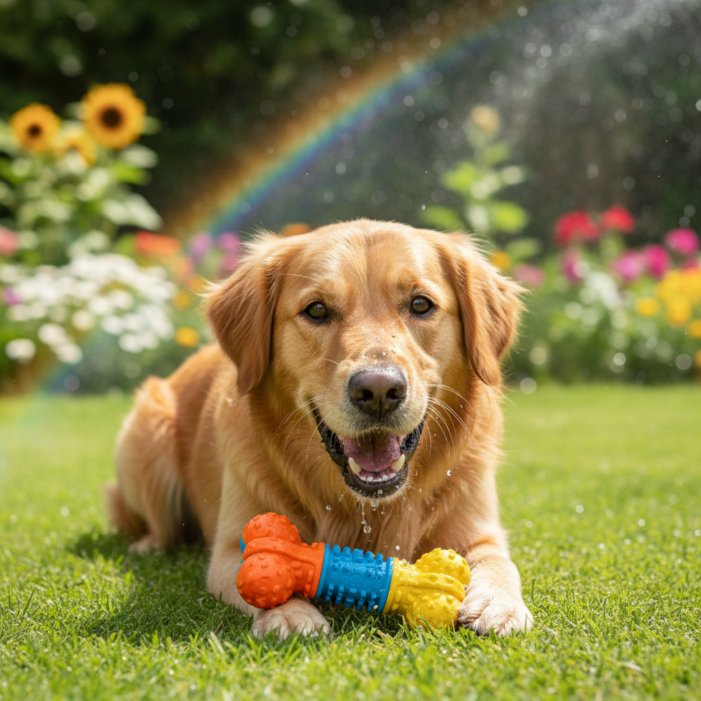 Happy dog playing with durable joint-shaped chew toy with squeaker